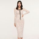 JS FASHION レースワンピース タイトワンピ フロントリボン 長袖 シアー袖 白 パーティードレス ミディアム丈 レースドレス 膝丈 刺繍レース きれいめ 華やか おしゃれ 上品 エレガント 二次会 発表会 謝恩会 春 夏 秋 冬【hnw4761