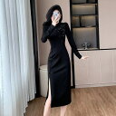 JS FASHION チャイナドレス風 パーティードレス ビジュー付き タイト ワンピース 長袖 ブラックドレス 黒 膝丈 ひざ丈 ミディアム丈 きれいめ おしゃれ かっこいい 上品 二次会 成人式 演奏会 同窓会 ハロウィン 春 秋 冬【wm482