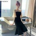 JS FASHION マーメイドワンピース パーティードレス シースルー袖 切替 ベアワンピース 裾フリル バイカラー Aライン ミディアム丈 膝下丈 きれいめ 華やかおしゃれ セクシー Sサイズ Mサイズ Lサイズ 大人可愛い 【210216】 ワン