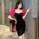 JS FASHION タイトワンピ バイカラー ボリューム袖 パーティードレス ブラックドレス 黒 タイト ワンピース 半袖 ミニ丈 タイトワンピース きれいめ おしゃれ セクシー 上品 大きいサイズ 結婚式 謝恩会 二次会 発表会 お呼ばれ 食事会 春
