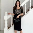 JS FASHION レースワンピース シースルー ドッキングワンピース 五分袖 袖あり 黒 タイトワンピ パーティードレス タイト ワンピース ミディアム丈 きれいめ スリム 細見え 華やかおしゃれ セクシー 大きいサイズ かっこいい 発表会 お呼ばれ