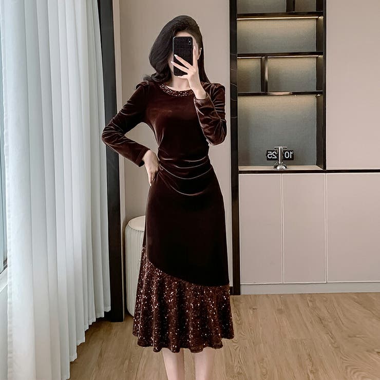 【10％OFFクーポン！3/26(木)1:59まで】JS FASHION パーティードレス 全2色 ベロアワンピース スパンコール マーメイド フレア お呼ばれドレス 長袖 ブラックドレス 黒 膝下丈 ひざ丈 ミモレ丈 きれいめ おしゃれ 上品 結婚式