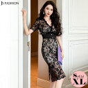 JS FASHION タイトワンピ レース レースドレス パーティードレス ブラックドレス 黒 タイト ワンピース 半袖 膝丈 ひざ丈 ミディアム丈 タイトワンピース きれいめ セクシー 上品 大きいサイズ 結婚式 謝恩会 二次会 発表会 お呼ばれ 食事