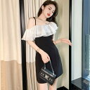 JS FASHION タイトワンピ アシンメトリー フリル バイカラー パーティードレス ブラックドレス 黒 タイト ワンピース 半袖 ミニ丈 きれいめ タイトワンピース 上品 おしゃれ セクシー 大きいサイズ 結婚式 謝恩会 二次会 発表会 お呼ばれ