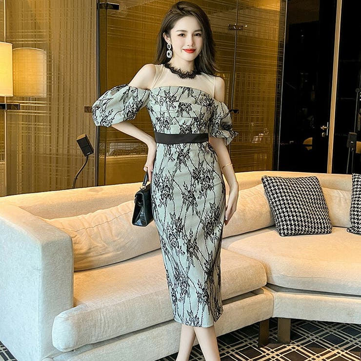 JS FASHION タイトワンピ レース ワンピース オープンショルダー ボリューム袖 シースルー パーティードレス タイト ワンピース 半袖 ミディアム丈 膝丈 ひざ丈 きれいめ タイトワンピース 大きいサイズ リゾート 謝恩会 二次会 発表会 お呼