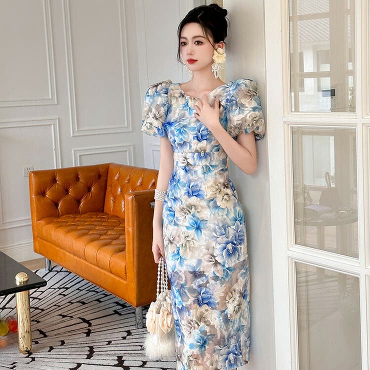 JS FASHION 花柄ワンピ 総柄 パーティードレス 花柄ワンピース 半袖 パフスリーブ ミディアム丈 膝丈 ひざ丈 きれいめ 花柄 ワンピース おしゃれ セクシー 上品 大きいサイズ フラワープリント リゾート 謝恩会 二次会 発表会 お呼ばれ 食