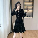 JS FASHION パーティードレス ベロアワンピ ドット風 フレア ワンピース 裾フリル お呼ばれドレス ボリューム袖 長袖 ブラックドレス 黒 ミニ丈 きれいめ おしゃれ 上品 二次会 演奏会 同窓会 成人式 謝恩会 忘年会 秋 冬 オケージョン