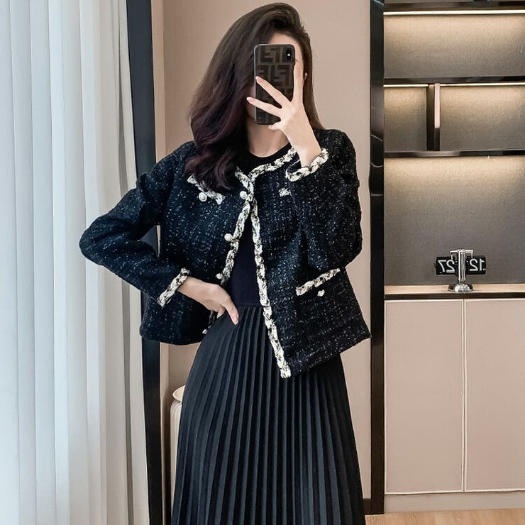 JS FASHION ツイードジャケット ジャケット単品 ラメ糸 黒 ノーカラー 長袖 クルーネック オフィス 羽織り 春アウター 秋アウター 大人 きれいめ 好印象 おしゃれ 上品 エレガント セレモニー ビジネス 通勤 オフィス 成人式 同窓会【yp