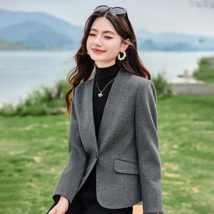 JS FASHION ノーカラージャケット 全4色 羽織り 長袖 起毛 ステッチ風 秋アウター 冬アウター 大人 きれいめ 好印象 フォーマル おしゃれ 大きいサイズ 上品 ビジネス 通勤 オフィスカジュアル 同窓会 卒業式 ママスーツ 冠婚葬祭【zlz