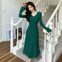 JS FASHION Aライン ニットワンピース 全3色 Vネック フレア袖 リブニット 長袖 無地 黒 緑 フレア ワンピース ミディアム丈 膝丈 膝下丈 きれいめ スリム 細見え デイリー おしゃれ 上品 大人 かわいい デート 食事会 通学 通勤
