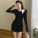 JS FASHION ニットワンピース ハーフボタン 全4色 ミニ丈 袖スリット サイドギャザー リブニット 長袖 白 黒 タイトワンピ ワンピース ショート丈 ミニワンピ きれいめ スリム 細見え デイリー おしゃれ 大人 かわいい デート 食事会 秋