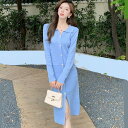 JS FASHION ニットワンピース 全4色 襟付き Vネック フロントボタン ニット 長袖 無地 黒 青 タイト ワンピース ミディアム丈 膝丈 ひざ 膝下丈 ミモレ丈 きれいめ 細見え デイリー おしゃれ 上品 大人 かわいい デート 食事会 秋