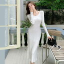 JS FASHION ニットワンピース ホルターネック 全4色 前後Vネック リブニット 長袖 無地 黒 白 タイトワンピ タイト ワンピース ミディアム丈 膝丈 膝下丈きれいめ 細見え デイリー おしゃれ 上品 大人 かわいい デート 食事会 秋 冬【