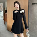 JS FASHION ニットワンピース ミニ丈 全2色 ハイネック フレア袖 配色 バイカラー 長袖 黒 Aライン ワンピース ショート丈 ミニワンピース きれいめ スリム 細見え デイリー おしゃれ 上品 大人 かわいい シンプル デート 食事会 秋