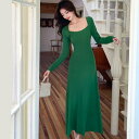 JS FASHION ニットワンピース Aライン 全2色 Uネック 長袖 無地 黒 緑 タイトワンピ Aラインワンピ ニット ワンピース ロング丈 ロングワンピ きれいめ スリム 細見え デイリー おしゃれ 上品 大人 かわいい デート 食事会 通学 通
