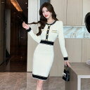 JS FASHION ニットワンピース 全3色 クルーネック ゴールドボタン飾り バイカラー 配色 ミディアム丈 膝丈 膝上丈 タイト ワンピース リブニット ニット 長袖 タイトワンピ きれいめ スリム 細見え デイリー おしゃれ セクシー 上品 大人