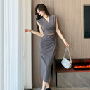 JS FASHION セットアップ 全2色 カシュクールトップス ロングスカート 上下セット ノースリーブ バックリボン スリット入り タイトスカート スリム 細見え デイリー おしゃれ 大人 セクシー かっこいい リゾート 海 春 夏【jkd14001
