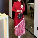 JS FASHION ニットワンピース 全3色 プリーツ風 Aライン 千鳥柄入り ハイネック リブニット 長袖 黒 赤 青 フレアワンピ ミディアム丈 膝下丈 きれいめ スリム 細見え 普段使い 普段着 おしゃれ 上品 大人 かわいい クリスマス 秋 冬