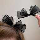 JS FASHION ヘアピン 2個セット オーガンジーリボン シンプル シアー ヘアアクセサリー 黒 謝恩会 髪留め 普段使い 髪飾り 上品 エレガント フォーマル パーティー お呼ばれ レディース プレゼント ギフト【acc00424】 ヘアアクセ