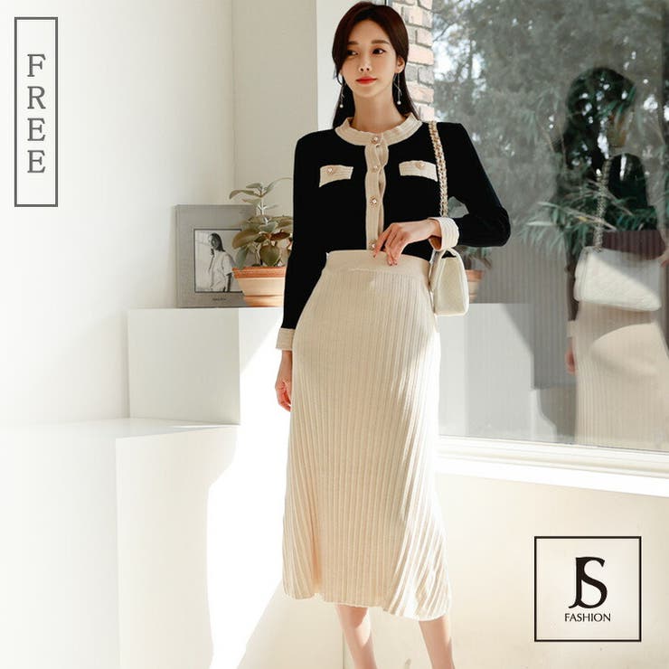 JS FASHION ニットセットアップ パールボタンニットトップスとニットスカート上下セット レディース カーディガン ミモレ丈 長袖 スリム 細見え 大人カジュアル 秋 冬 きれいめ デイリーおしゃれ F フリーサイズ 大人可愛い JSファッション【
