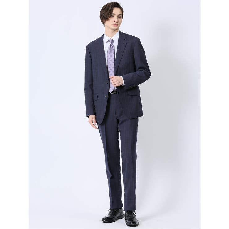 【10%OFFクーポン!11/27(木)1:59まで】TAKA-Q MEN ウール混 レギュラーフィット 2ボタン2ピーススーツ ストライプ紺 スーツ