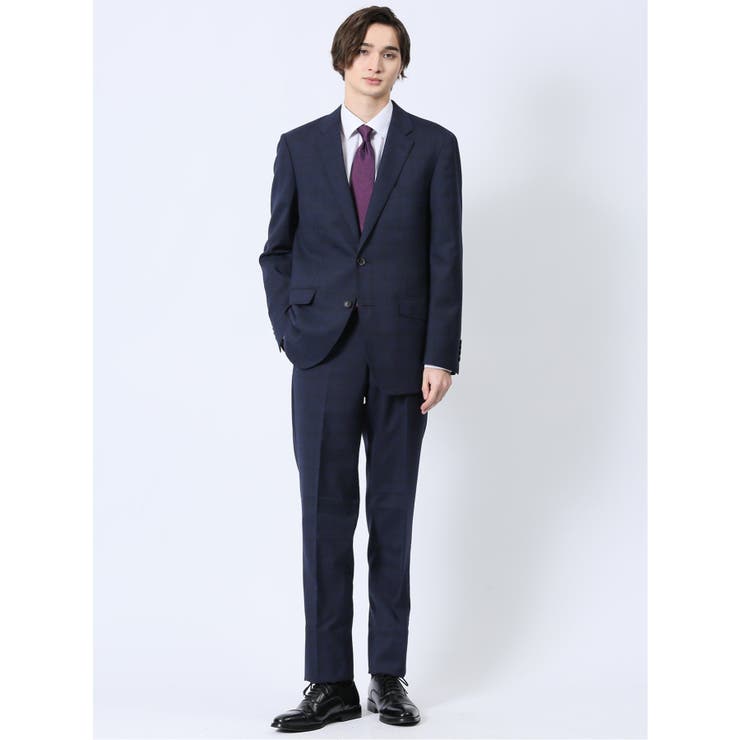 【10%OFFクーポン!11/27(木)1:59まで】TAKA-Q MEN ウール混 レギュラーフィット 2ボタン2ピーススーツ チェック紺 スーツ