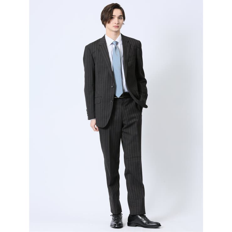 【10%OFFクーポン!11/27(木)1:59まで】TAKA-Q MEN ウール混 レギュラーフィット 2ボタン2ピーススーツ ストライプグレー スーツ