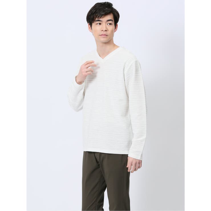 【10％OFFクーポン！1/16(金)1:59まで】TAKA-Q MEN タックジャガード Vネック長袖Tシャツ トップス