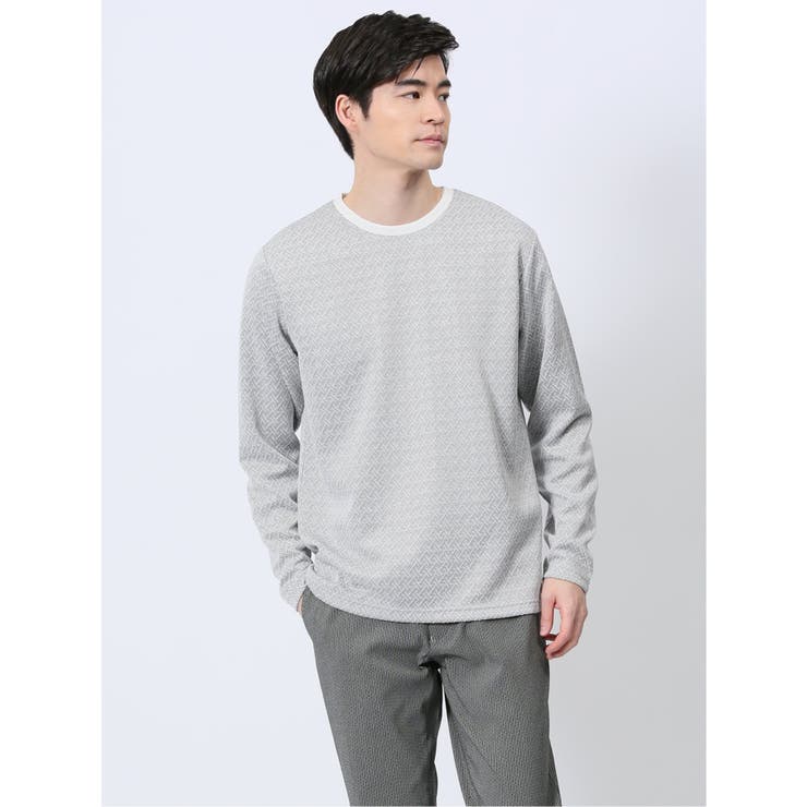 【10％OFFクーポン！11/27(木)1:59まで】TAKA-Q MEN ジオメトリックジャガード クルーネック長袖Tシャツ トップス