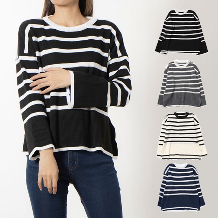 STYLEBLOCK ニット セーター ボーダー柄 長袖 クルーネック トップス レディース ブルー アプリコット グレー ブラック トップス