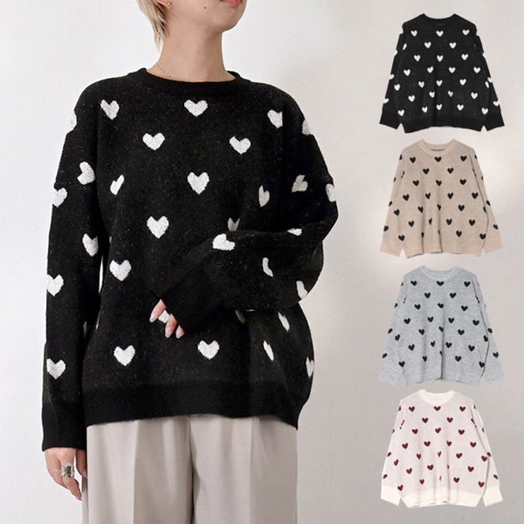 【10％OFFクーポン！1/16(金)1:59まで】STYLEBLOCK ニット セーター 長袖 クルーネック ハート柄 ジャガード トップス レディース アイボリー グレー ベージュ ブラック 秋先行 トップス