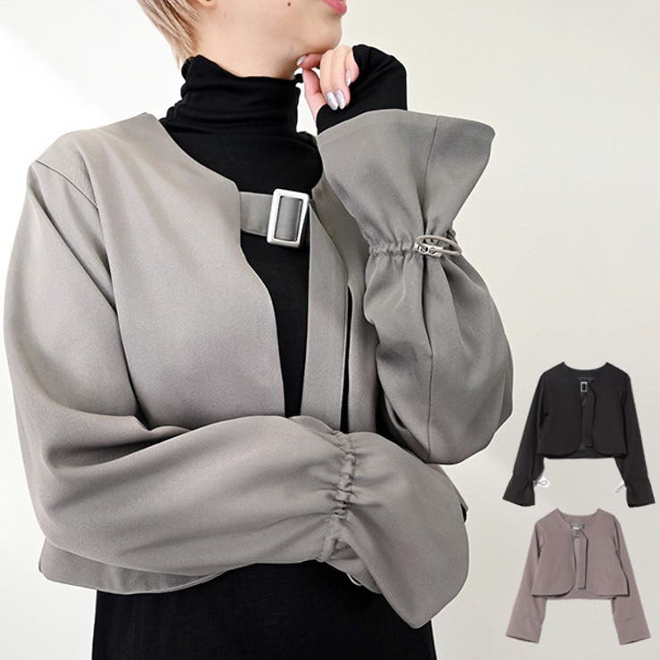 STYLEBLOCK ジャケット ノーカラー キャンディスリーブ 無地 長袖 ショート丈 アウター レディース グレー ブラック 冬先行 アウター(コート・ジャケットなど)