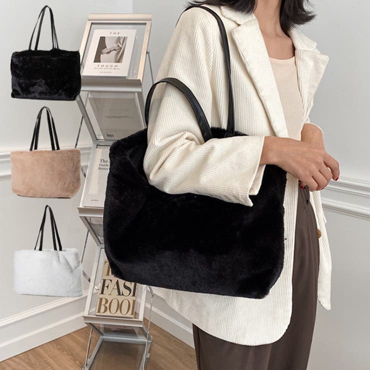 STYLEBLOCK トートバッグ 大きめ ファー 布 A4 無地 韓国 ショルダーバッグ バッグ 鞄 レディース ブラック ホワイト カーキ 冬先行 バッグ・鞄