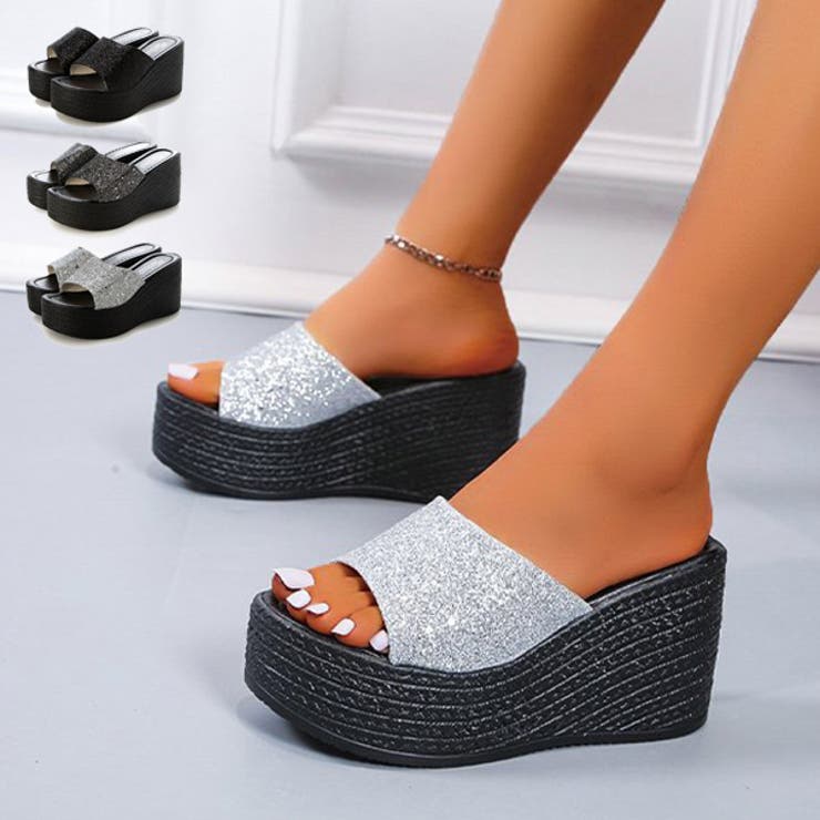 【10％OFFクーポン！2/10(火)1:59まで】STYLEBLOCK サンダル ウェッジソール グリッター 歩きやすい シューズ 靴 レディース ブラック グレー シルバー シューズ・靴