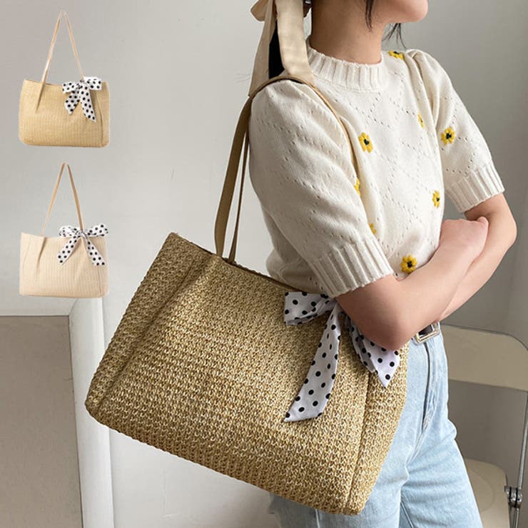 【10％OFFクーポン！11/27(木)1:59まで】STYLEBLOCK トートバッグ ストロー かごバッグ スカーフ リボン 肩掛け バッグ 鞄 レディース オフホワイト カーキ バッグ・鞄