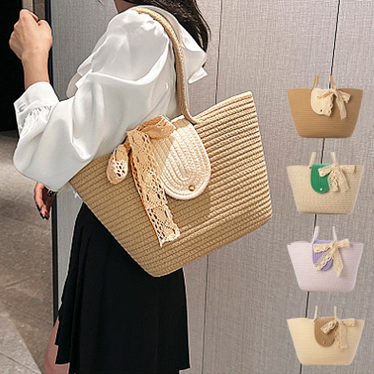 【10％OFFクーポン！11/27(木)1:59まで】STYLEBLOCK かごバッグ トートバッグ ストロー素材 肩掛け レースリボン バッグ 鞄 レディース カーキ オフホワイト パープル グリーン バッグ・鞄