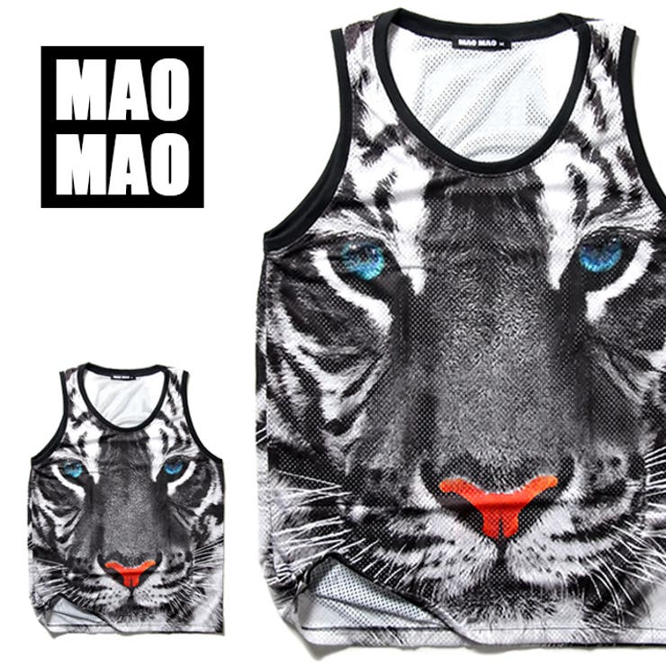 T-LINK 総柄デザイン 白虎柄 メッシュバスケットシャツ メンズ ポリエステル100% 春夏用 S-XL大きいサイズ バックプリント メッシュ タンクトップ...