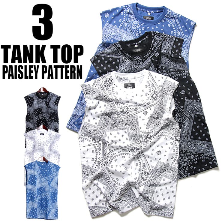 T-LINK ペイズリー柄 タンクトップ メンズ レディース ノースリーブ 総柄 インナー レイヤード アームホール トレーニング ドロップ マリンTシャツ 夏...