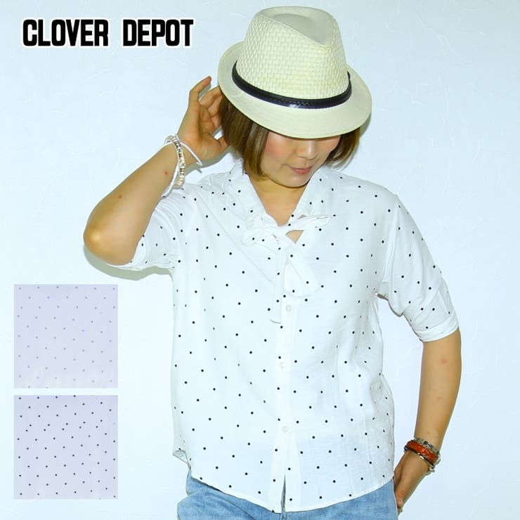 CLOVERDEPOT ブラウス シャツ リボン トップス 五分丈 半袖 レディース ドット 着やせ シンプル ベーシック レディース 半袖ブラウス五分丈ブラウス 着やせ効果 半袖トップス 着痩せ効果 ショート丈 レデイース カジュアル 夏 春 水玉 ブ
