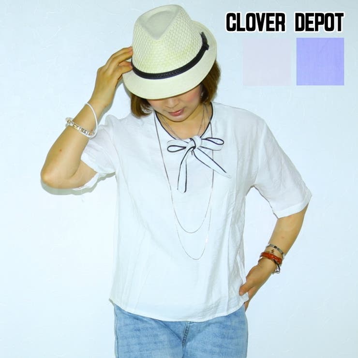 CLOVERDEPOT ブラウス カットソー シャツ トップス 五分丈 半袖 レディース ライン 着やせ シンプル ベーシック レディース 半袖ブラウス五分丈ブラウス 着やせ効果 半袖トップス ショート丈 レデイース カジュアル 夏 春 リボン ホワイト