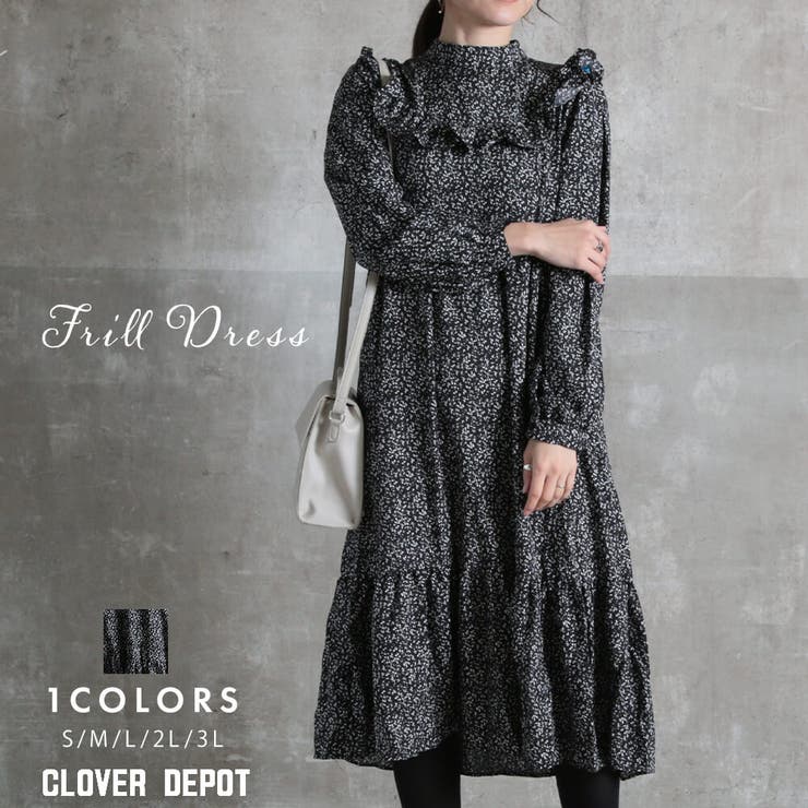 CLOVERDEPOT フリルワンピース 花柄 レディース ロング丈 フリル 上品 フレア きれいめ 秋冬 長袖 大人 大きいサイズ ワンピース・ドレス