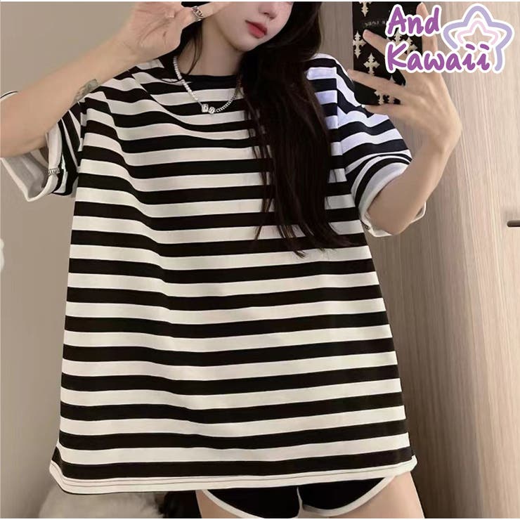 【10％OFFクーポン！7/26(日)1:59まで】And Kawaii 半袖Tシャツ ゆったり ロンT レディース トップス ボーダー柄 韓国ファッション トップス