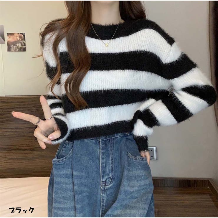 And Kawaii ボーダーニット ショート丈 セーター トップス 長袖 秋冬 長袖ニット 韓国ファッション レディース トップス shoplistselect-10029173 SHOPLIST サンプル画像2
