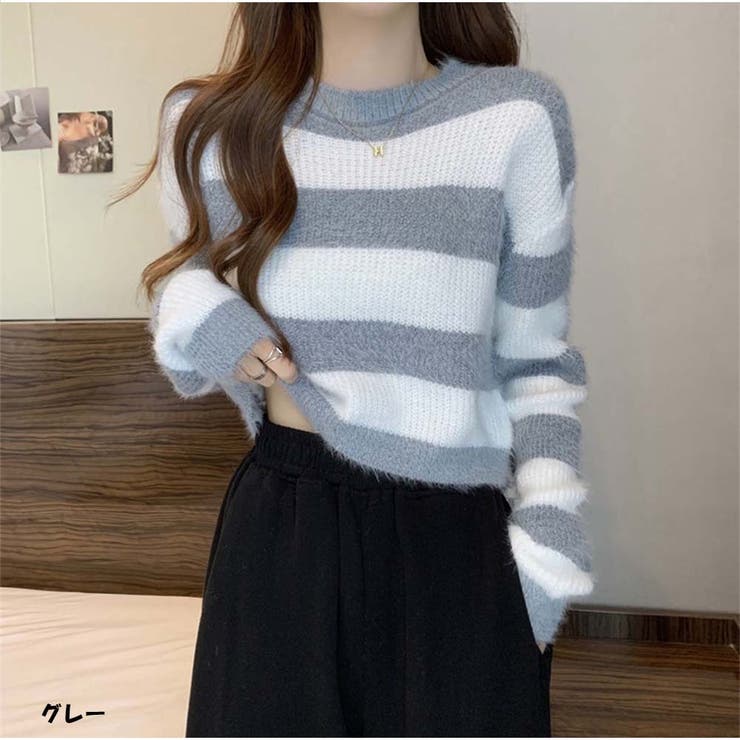 And Kawaii ボーダーニット ショート丈 セーター トップス 長袖 秋冬 長袖ニット 韓国ファッション レディース トップス shoplistselect-10029173 SHOPLIST サンプル画像3