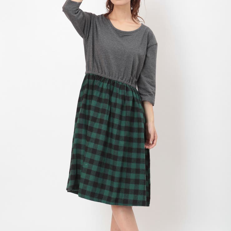 s.i.p TC裏毛 xTC ブロック チェック ドッキングワンピース[カジュアル/きれいめ/清楚/オフィス/デート/レディース/大人/通勤/会社/シンプル/フェミニン] 2016 春 ワンピース・ドレス