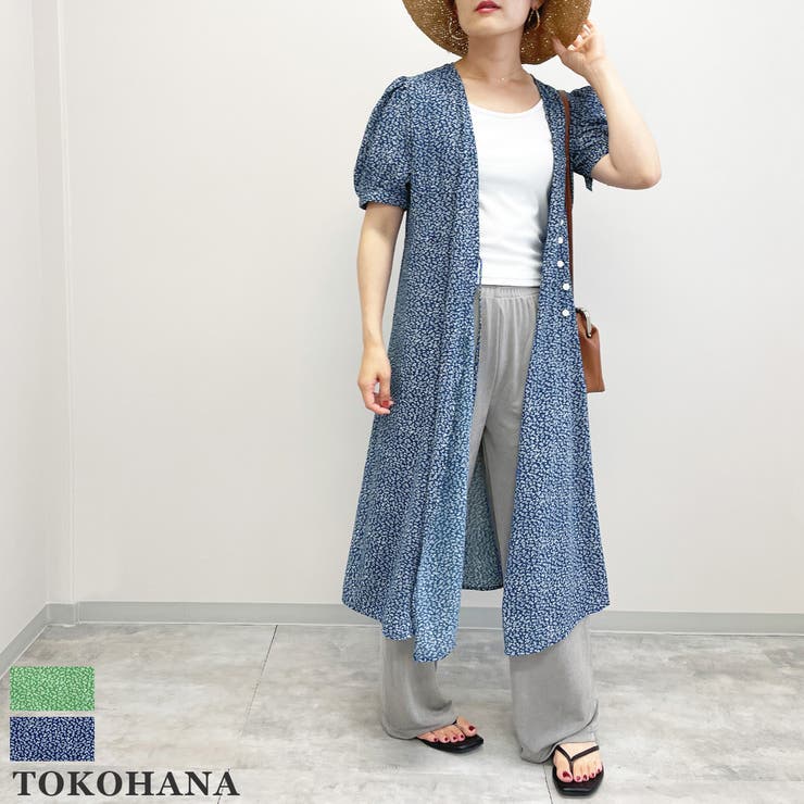 TOKOHANA パフスリーブ小花柄2wayVネックワンピース 夏 ワンピース トップス Vネック 薄手 羽織 ロング丈 ウエストマーク デコルテ魅せ リボン レイヤード 2way FREE フリーサイズ 韓国 ワンピース・ドレス
