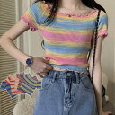 TOKOHANA サマーショット丈ニット ハイウエイ半袖 ボーダー柄 カラフルセークシへそ出し韓国ファッションTシャツパーティードレス 夏服オフェスカジュアルオフィス通勤可愛いカワイイスクエアネック トップス