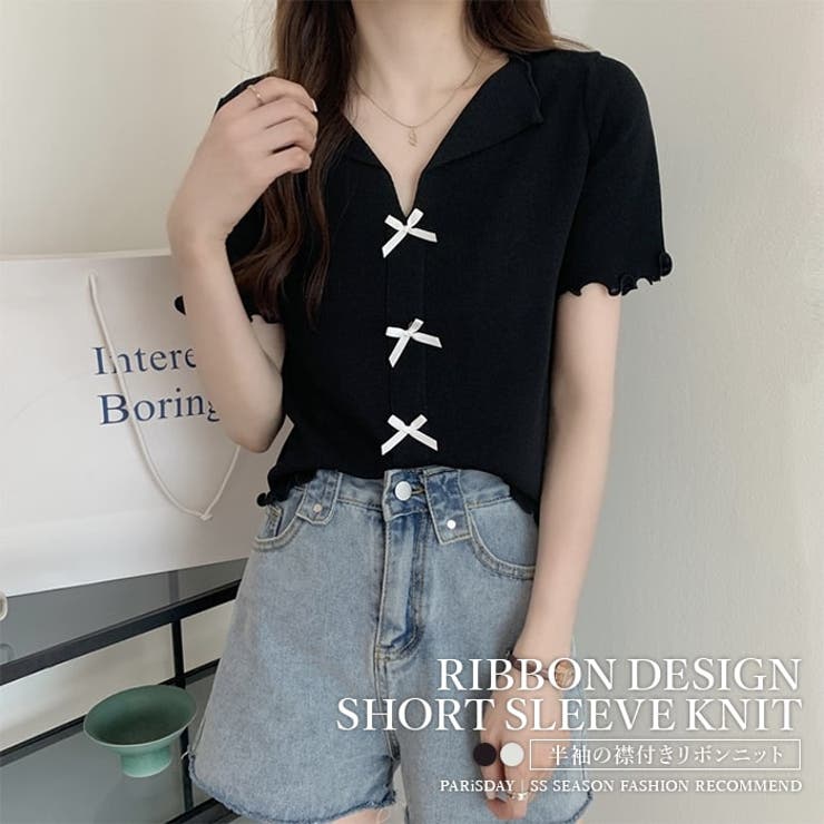 TOKOHANA カットソー サマーニット レディース 韓国ファッション Tシャツ 薄手 夏服 メロウ メロー 可愛い ショート丈 へそ出し ポロ襟 リボン トップス