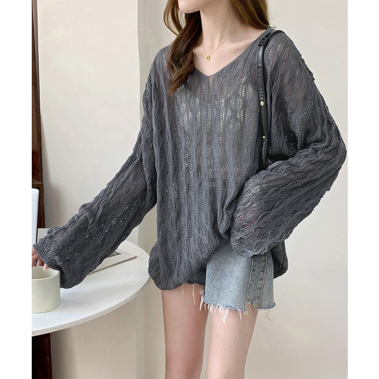 【10％OFFクーポン！7/26(日)1:59まで】SUNSHINE CLOSET メッシュニット 透かし編みトップス 長袖 トップス