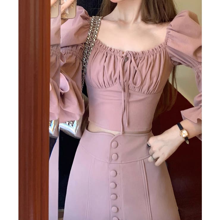 aimoha 【Jasmine】スクエアネック パワショル Aライン セットアップ Jasmine Grandiflorum ワンピース・ドレス